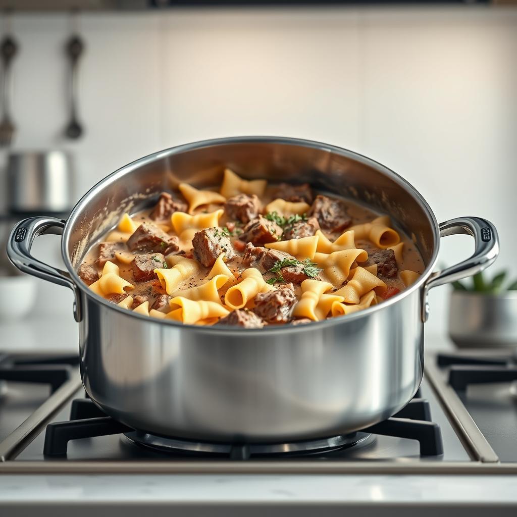 Creamy Beef and Bowtie Pasta Cooking Process