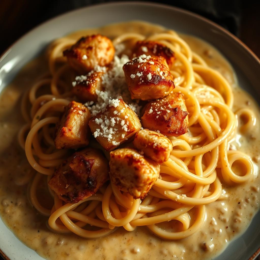 Creamy Parmesan Pasta with Garlic Butter Chicken Bites