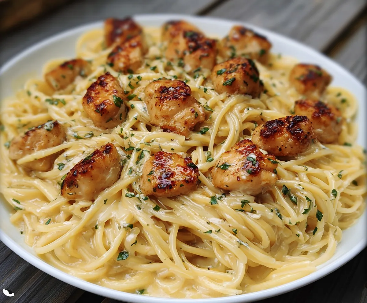 Creamy Parmesan Pasta with Garlic Butter Chicken Bites