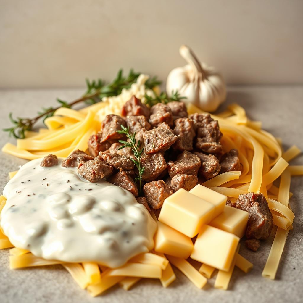 Creamy beef pasta ingredients