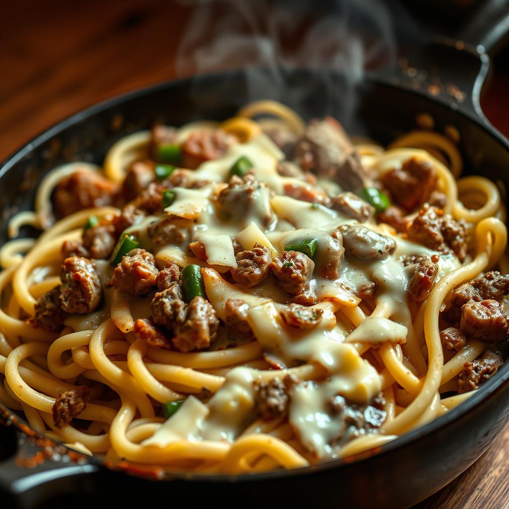 Philly Cheesesteak Pasta Dish