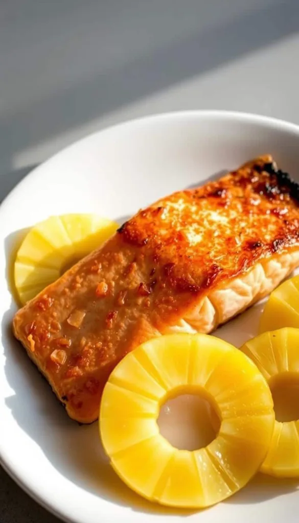 Healthy baked salmon with pineapple slices on a plate Healthy baked salmon with pineapple slices on a plate