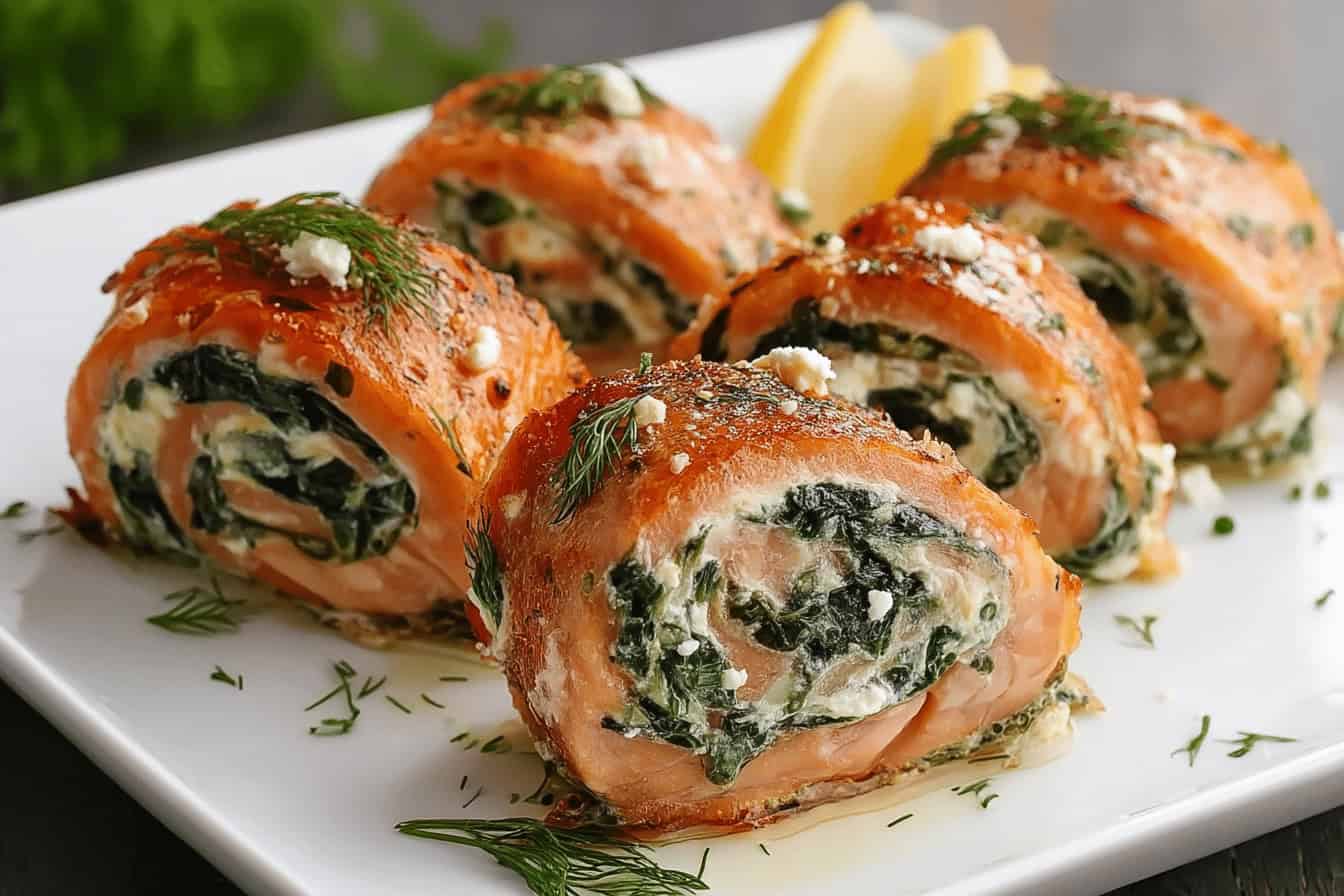Spinach & Feta Stuffed Salmon Pinwheels