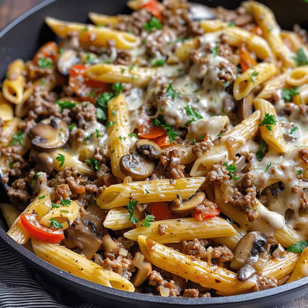 Philly Cheesesteak Pasta with Creamy Provolone Sauce