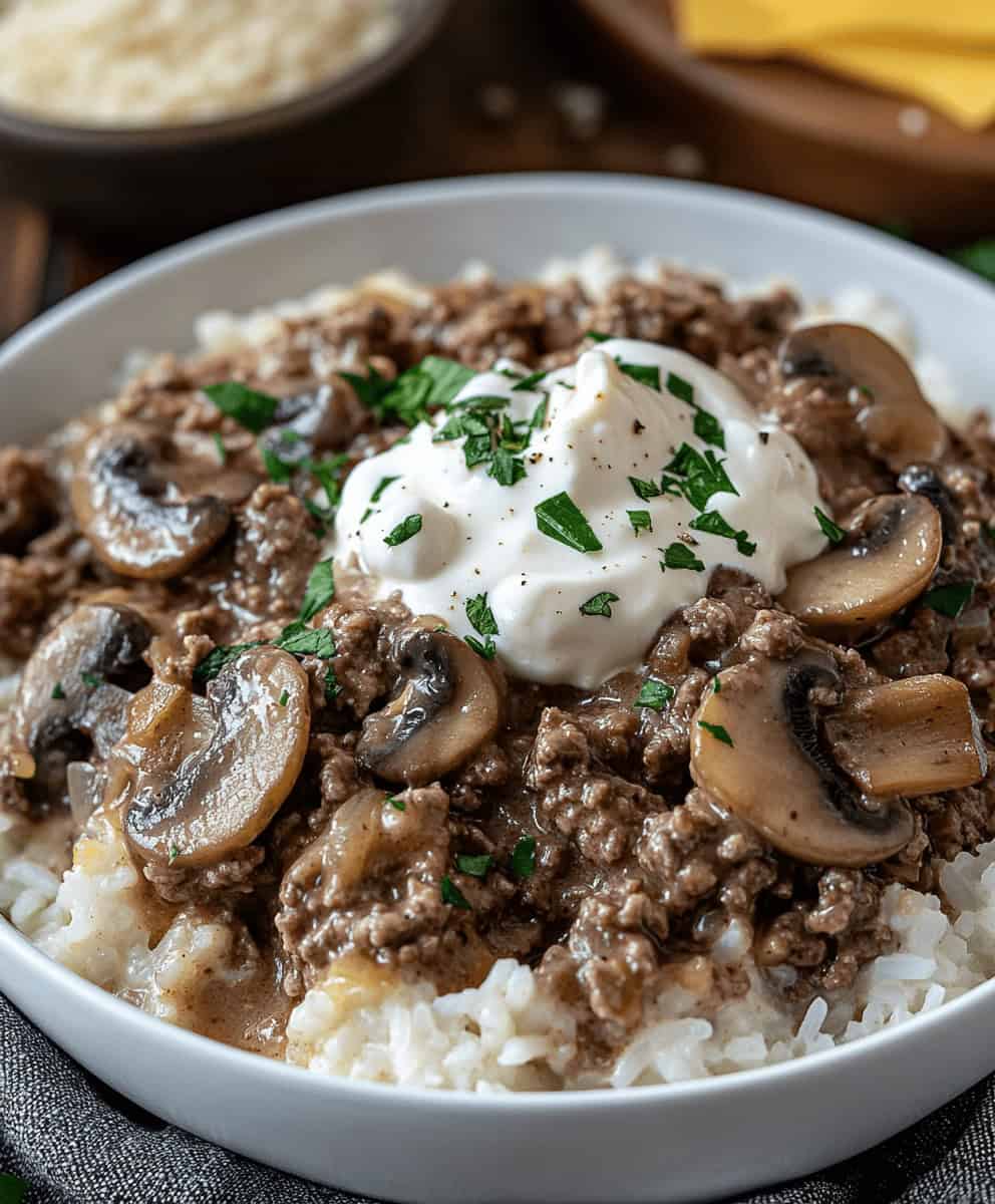 Creamy Beef & Mushroom Rice Bake