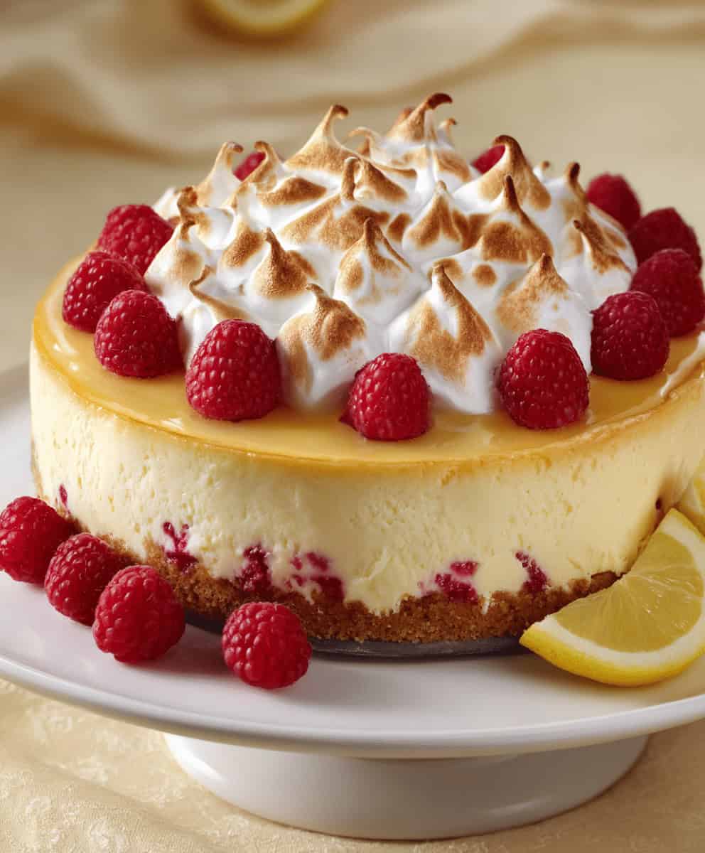 Heavenly Lemon Raspberry Meringue Cheesecake