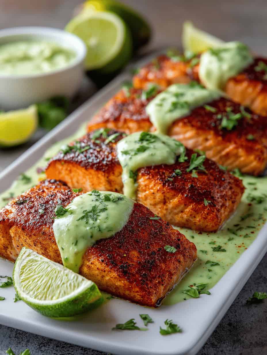 Baked Cajun Salmon with Creamy Avocado Lime Sauce