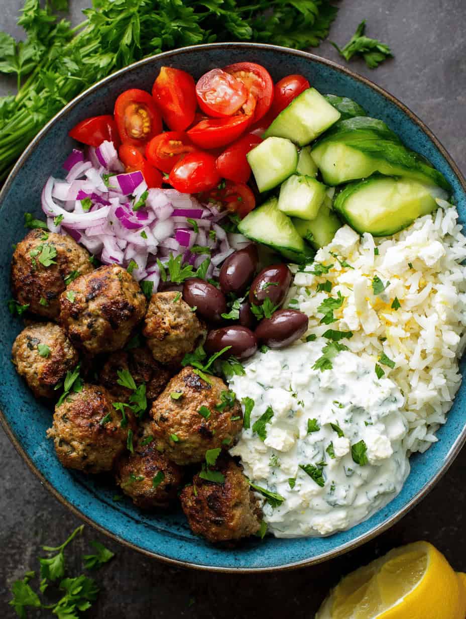 Greek Meatball Bowl with Tzatziki, Rice & Fresh Veggies