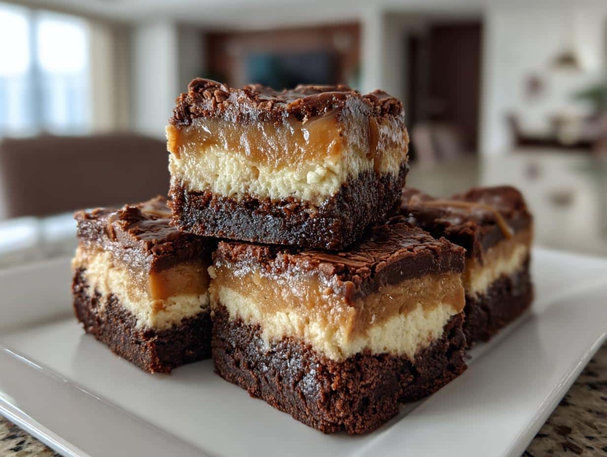 Decadent Caramel Brownie Cheesecake in 3 Layers