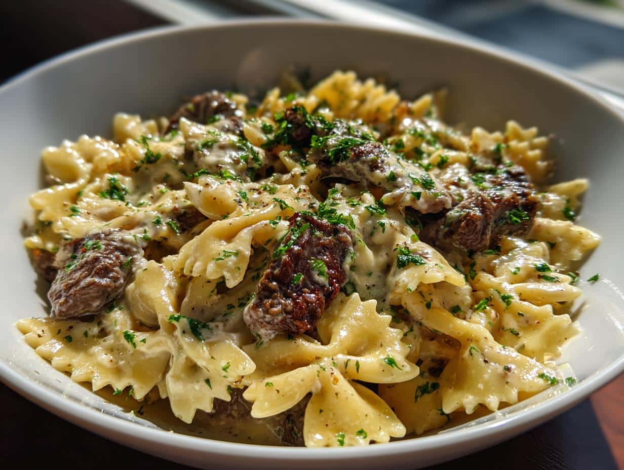 30-Minute Cheesy Garlic Butter Beef Bowtie Pasta Bliss