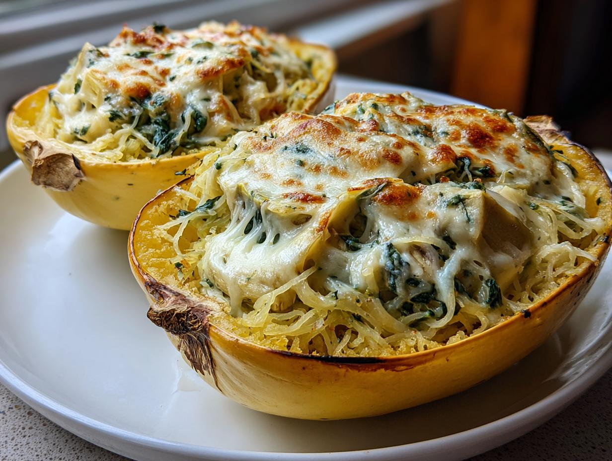 Cheesy Spinach & Artichoke Spaghetti Squash