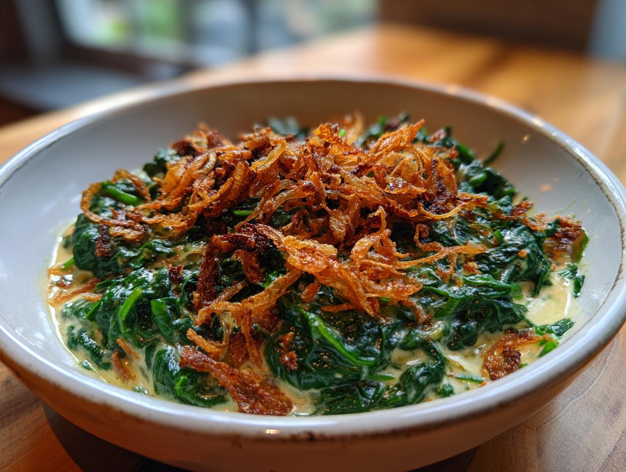 Quick Creamed Spinach with Fried Shallots